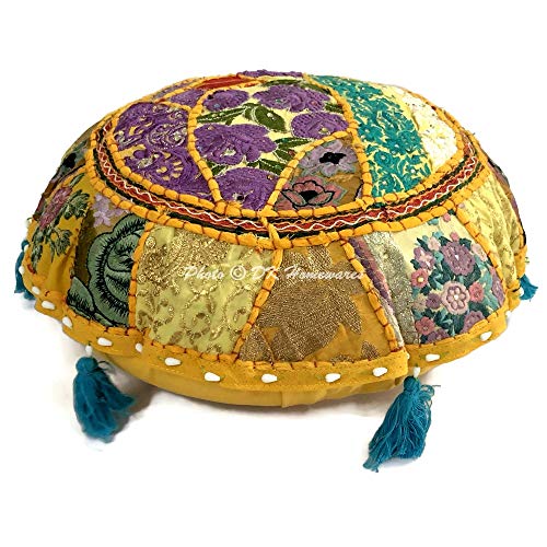 Round Ethnic Bohemian Floor Cushions for Kids Mango Yellow 18 Inch Patchwork Lounger Ottoman Stool Home Decor Embroidered Vintage Cotton Indian Floor Pillow Bed 18x18