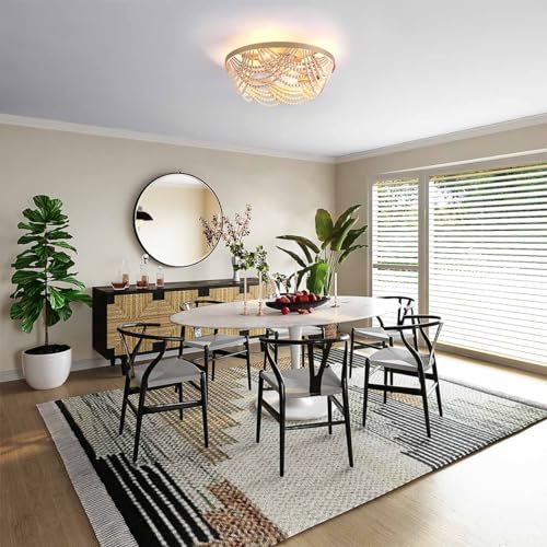 20'' Boho Ceiling Fan with Lights Flush Mount,Bohemia Gold Wood Bead Enclosed Ceiling Fan Light, 4 Lights Low Profile Ceiling Fans with Remote Control for Bedroom Living Room Dining Room Kitchen - color: Gold
