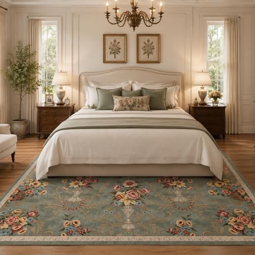 Helthep 5 * 7 Vintage Floral Area Rug, Washable Non-Slip Green, Soft Low Pile French Country Rug for Bedroom Living Room Dining Room, Pet Friendly Easy Care Rug - color: Green, size: 5' x 7' (Rectangular)