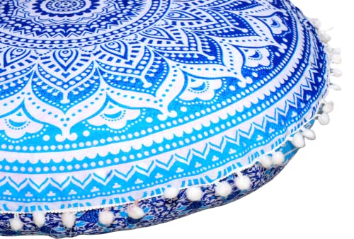 CRAFT KALA Mandala Floor Pillow Cushion Cover Seating Throw Cover Hippie Decorative Bohemian Ottoman Poufs Pom Pom Pillow Cases Boho Indian Cotton Living Room Yoga Home Décor (24" Round, Blue Ombre) - color: Blue Ombre, size: 24" x 24" (Pack of 1)