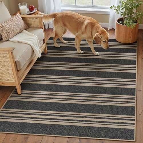 PureCozy Striped Easy Jute Rug 4x6 Black Entryway Carpet Washable Non Slip Office Door Mat Farmhouse Neutral Non Shedding Small Indoor Outdoor Rug for Bathroom Kitchen Bedroom Living Room - color: Black/Striped, size: 4' x 6' (Rectangular)