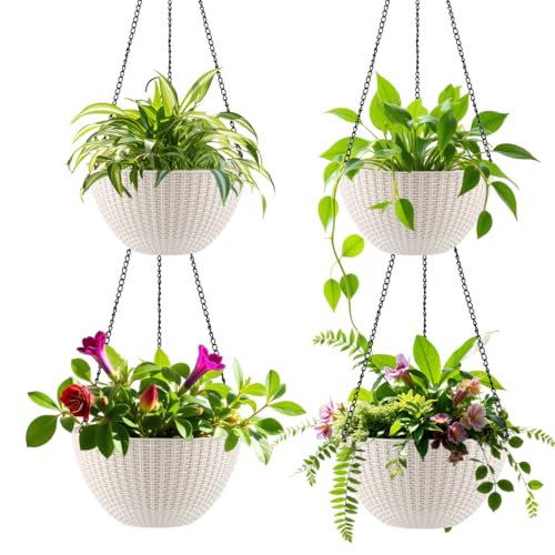 RooTrimmer Hanging Planters for Indoor Outdoor Plants 8 and 10 Inch, 4 Packs Hanging Flower Pot with Drainage Holes, Self-Watering Hanging Basket Perfect for Home, Office and Garden, White - color: White, size: 2p*8"+2p*10"