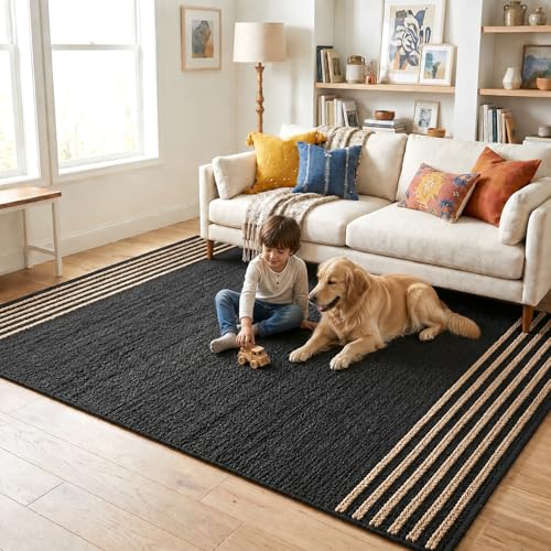 GRUHUM Black Jute Area Rug 3x5ft - Natural Fiber Rectangular Black Leather Handwoven Boho Farmhouse Soft Braided Vintage Eco Friendly Rugs Indoor Living Room Kitchen Hallways Enterways Doormat 3x5 ft - color: Natural Black- 20, size: 3' x 5' (Rectangular)