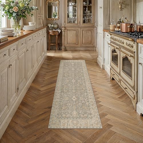 HUGEAR 2x6 Washable Vintage Runner Rug Brown Neutral Distressed Low Pile Non Slip Soft Long Area Carpet Indoor Hallway Throw Rug for Entrance Kitchen Bathroom Laundry Living Room - color: Brown, size: 2' x 6' (Runner)