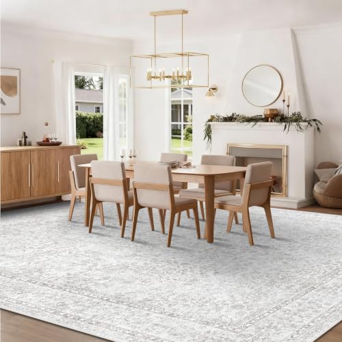 10x14 Area Rugs for Living Room: Washable Large Vintage Floral Rug Low Pile Non-Slip Boho Carpet for Bedroom Home Office Dining Room (FloralGrey, 10'x14') - color: Floral Grey, size: 10' x 14' (Rectangular)