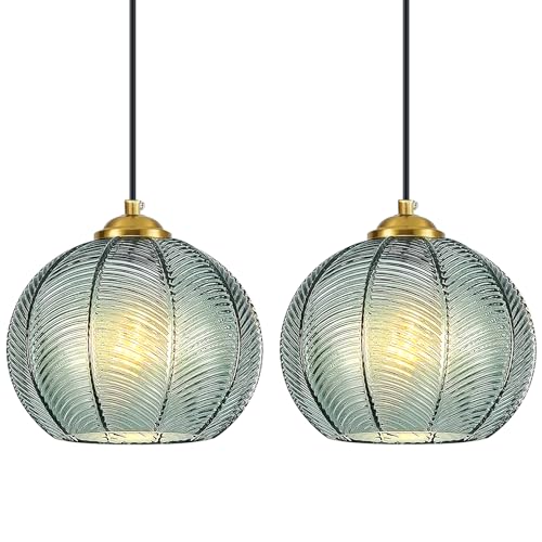 Mikeru 2-Pack Mint Glass Pendant Lights Kitchen Island Lighting Single Globe Pendant Light Fixtures Century Modern Kitchen Island Pendant Lighting for Bedroom Living Dining Room Light (Without Bulbs) - color: Mint-1 Light-2PC
