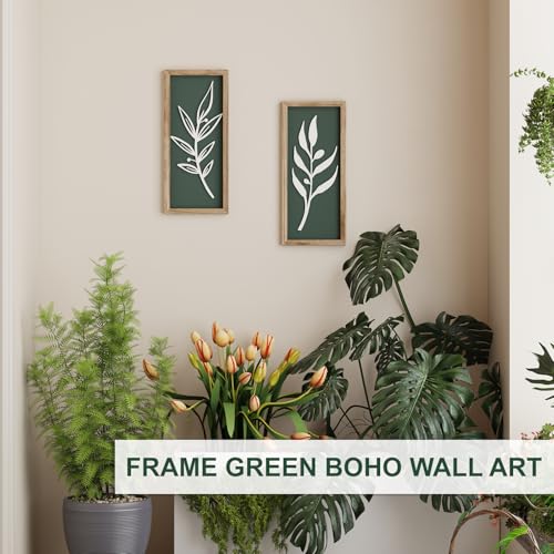 3D Wooden Leaf Sage Green Boho Wall Art (Set of 2) Lightweight, Vintage Framed Bathroom Botanical Wall Art for Bedroom, Living Room, Kitchen,Office and Hallway Decorations - color: Tree leaf Green (Set of 2)