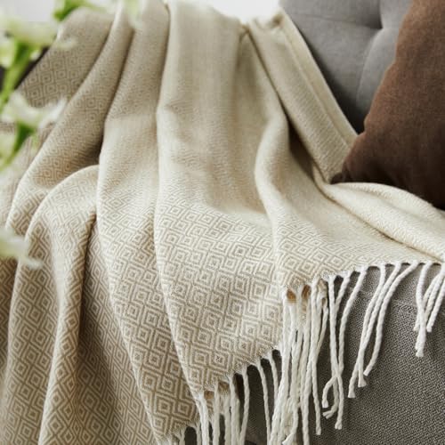 BOURINA Throw Blanket Decorative Faux Cashmere Fringe Lightweight Throw Soft Cozy for Bed or Sofa Outdoor Blanket, 50" x 60" Beige - color: Beige, size: 50"x60"