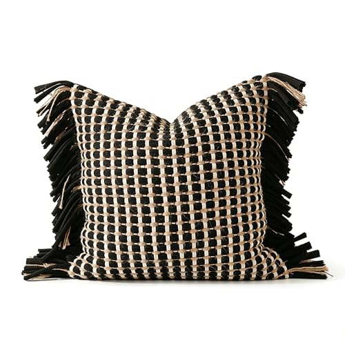 MOCOFO 100% Handmade Woven Checkerboard Pillow Cover with Fringe, Wabi Sabi French Vintage Luxury Cushion Case, Chunky Cotton & Hemp Rope Plaid Accent Pillow for Couch (Cover Only) (Checkered, 18x18) - color: Checkered, size: 18" x 18" (Pack of 1)