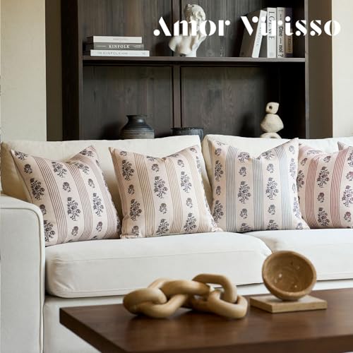 Amor Virisso Farmhouse Floral Throw Pillow Covers 18x18 Set of 2 Block Print Pillow Covers Neutral Boho Floral Striped Decorative Pillow Covers for Sofa Couch Bed, Brown - color: Brown, size: 18" x 18" (Pack of 2)