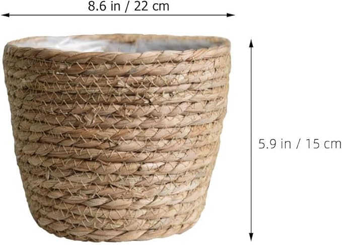 Hand Woven Planter Basket with Liner Rustic Straw Flower Pot for Indoor Outdoor Plants Balcony Living Room Decor 7.8X9.75X7.8 Inches