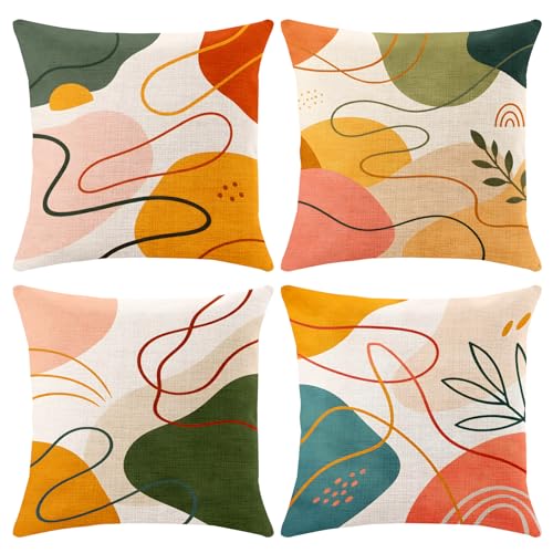 BVBOX Set of 4 Throw Pillow Covers 18"x18", Double-Sided Decorative Pillow Cases, Soft Flax/Short Plush Pillow Covers for Bed, Sofa, Couch, Living Room, Bedroom (Flax, Abstract Lines) - color: Abstract Lines