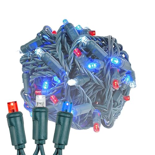 Novelty Lights 50 LED 25ft Red White Blue Lights, USA Patriotic 4th of July String Lights, Wide Angle Mini Lights on Green Wire, Commercial Grade, Connectable Indoor Outdoor Christmas Lights - color: Red / White / Blue