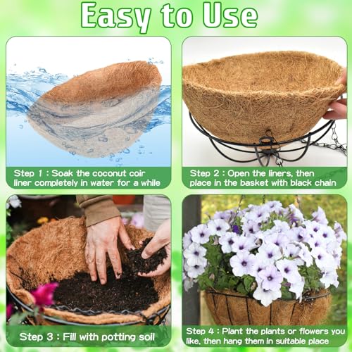 ZeeDix 6 Pack 14 Inch Metal Round Hanging Planter Basket with Coconut Liners Replacement, Hanging planters Baskets with Natural Coco Liner for Outdoor Indoor Planters Flowers Vegetables - color: 6 Pack, size: 14 Inch