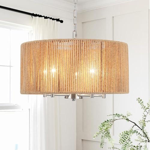 Rattan Chandelier for Dining Room, 5-Light Large Farmhouse Chandeliers Hand Woven Boho Pendant Light Fixture, 19'' Brushed Nickel Wicker Chandelier for Foyer Hallway Bedroom Kitchen Living Room - color: 5-Light Nickel