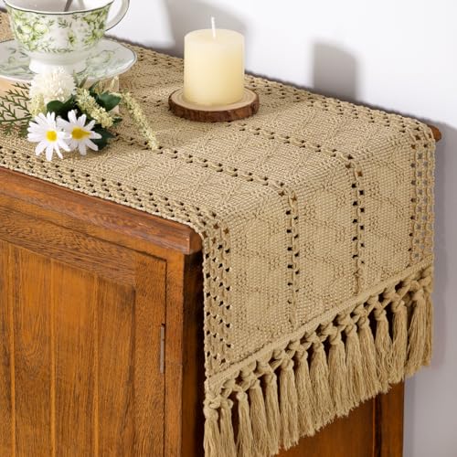 Socomi Boho Table Runner Summer Farmhouse Rustic Dining Kitchen Centerpiece Decor Small Macrame Woven Cotton Linen Coffee Table Runner for Dresser Scarf Home Decor 12x48 inch Champagne - color: Champagne, size: 12" X 48"