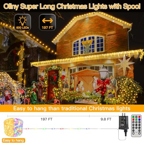 Ollny Christmas Lights Warm and Multicolor, 600LED 197FT Christmas Tree Lights IP67 Waterproof, Plug in Fairy Light with Remote 11 Modes Timer, Xmas Light for Outdoor Indoor House Holiday (Pack of 2) - color: Warm and Multicolor, size: 600 LEDs (Pack of 2