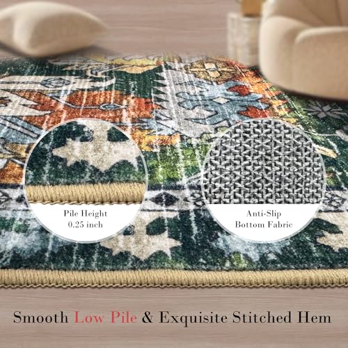 RUGSURE Washable Area Rugs - Perfect for Living Room, Bedroom, Kids Room, Nursery - Stain & Water Resistant Non-Slip, Pet & Child Friendly, Vintage Tribal Area Rugs (Green, 2'6'' x 8') - color: Green, size: 2'6" x 8' (Rectangular)