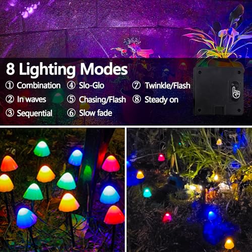 OZS 2PK 32LED 55FT Mushroom Solar Garden Lights Outdoor, Solar String Lights Waterproof with 8 Lighting Modes, Solar Garden Decor for Outside, Pathway Light for Yard Decoration (Multicolor) - color: Mushroom-Multicolor