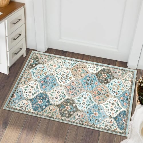 ROYHOME Small Rug Moroccan Trellis Washable Area Rug Doormat Stain Resistant Non-Slip Entryway Rug Distressed Floral Floor Carpet for Indoor Front Entrance Kitchen Bathroom, Blue/Taupe, 2' x 3' - color: Blue/Taupe, size: 2' x 3' (Rectangular)
