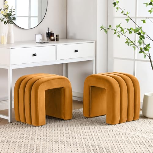 ONEVOG Velvet Pouf Ottoman, Small Ottoman Foot Rest for Couch, 18 Inch Cute Vanity Chairs for Makeup, Living Room Decorative, Sturdy Frame, Upholstered Modern Footrest for Bedroom, Dorm, Cognac, 2Pcs - color: Cognac