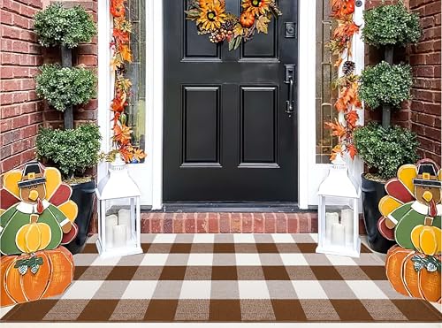 Coffee and White Outdoor Rug 24''x51''Checkered Plaid Front Porch Rug Cotton Woven Washable Door Mat Outdoor for Layered Doormat Hello Welcome Door Mat Kitchen Farmhouse Entryway - color: Coffee, size: 24''x 51''