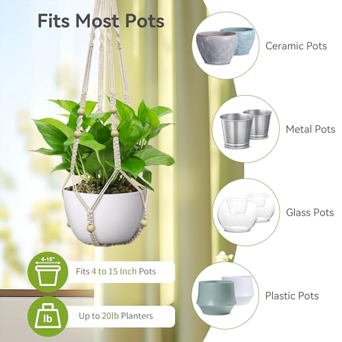 USLAI Macrame Plant Hanger Indoor Outdoor, Fits 4 to 15 Inch Pots, Strong Hanging Planter Holder, Boho Home Decor, 35 Inch, Ivory (POTS NOT Included) - color: Ivory, size: 35 Inch