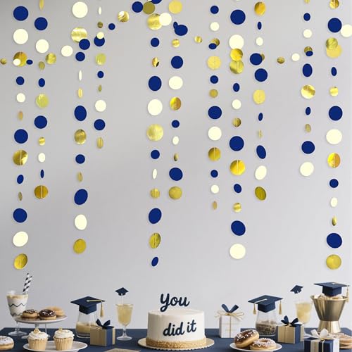 46 Ft Navy Blue and Gold Circle Dots Garland Royal Blue Hanging Paper Polka Dot Streamer for Birthday Wedding Bridal Baby Shower Graduations Nautical Ahoy Achor Pirate Theme Party Decorations Supplies - color: Blue Gold
