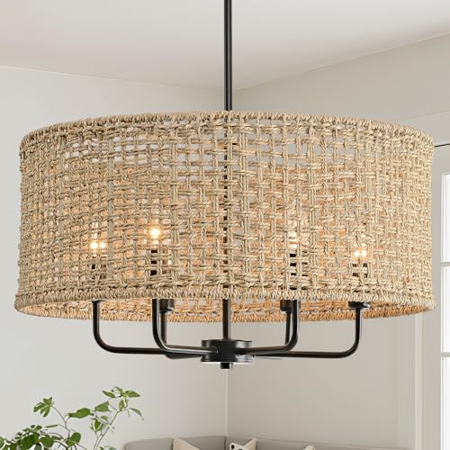6-Light Rattan Chandelier for Dining Room, Boho Chandelier, Coastal Hand Woven Pendant Light Fixture for Kitchen Island Entryway Foyer Living Room Bedroom UL Listed Black - color: Black, size: 21.65"