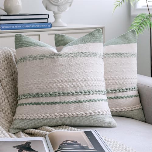 Cethom Boho Throw Pillow Covers 20x20 Inch Set of 2, Sage Green Textured Decorative Couch Pillow Cases for Farmhouse Home Decor, Accent Cushion Cover for Sofa, Bed, Living Room, Bedroom - color: Sage Green, size: 20" x 20" (Pack of 2)