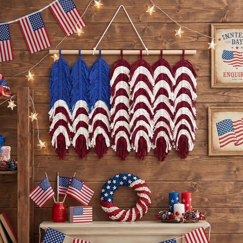 Xuhal Macrame American Flag Wall Hanging 4th of July Patriotic Woven Tapestry Vintage Boho Red White Blue Flag Decor 24 x 17 Inch USA Decor for 250th Anniversary Independence Independence Day Veterans
