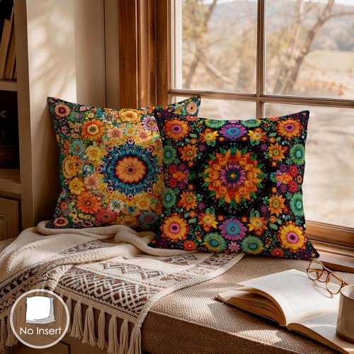 OBSEDE Boho Mandala Decorative Throw Pillow Covers 18x18 Set of 4, Vintage Floral Pillow Cases for Sofa Couch Living Room Decor - color: Classic Mandala Bloom Pattern, size: 18" x 18" (Pack of 4)