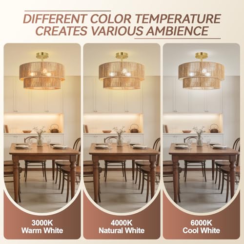 BoostArea 16.54” Boho 2-Tier Rattan Ceiling Light Fixture, Semi Flush Mount Woven Chandelier for Bedroom, Dining Room, Kitchen, Entryway, Living Room(Bulb not Included) - color: Brown