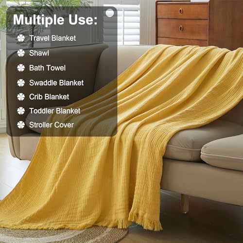 Cotton Muslin Throw Blanket with Tassels, Lightweight Woven Gauze, Pre-Washed Breathable Farmhouse Decor for Bed, Couch, All-Season Use (Yellow, 50" x 60") - color: Yellow, size: 50" x 60"