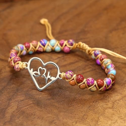 Women Boho Wrap Bracelet,Handmade Natural Stone Crystal Emperor Beads Heart Bracelet, Fashion Bohemian Jewelry Gift for Women - color: Heartbeat