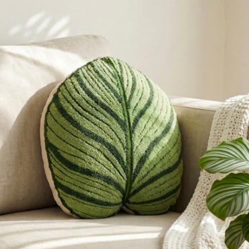 Green Philosophy Co. Tufted Calathea Orbifolia Leaf Pillow - Green Leaf Throw Pillow for Couch or Bed, Soft Botanical Themed Decorative Pillow, Cute Plant Pillow for Home Decor - color: Light Green