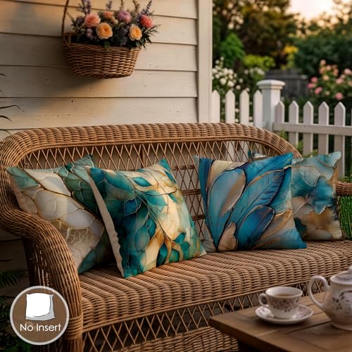 OBSEDE Teal and Gold Leaf Decorative Throw Pillow Covers 18x18 Set of 4, Modern Abstract Botanical Pillow Cases for Sofa Living Room Decor - color: Teal Abstract Foliage Art, size: 18" x 18" (Pack of 4)
