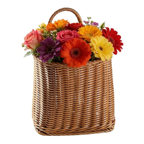 Wall Basket Decor | Farmhouse Flower Storage Ornament | Woven Artificial Rattan Decorative Wall Baskets | For Indoor Outdoor Kitchen Nursery Front Door Home