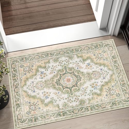 Small Rugs 2'x3',Green Rug for Entryway Bathroom Kitchen Entrance Doormat,Boho Vintage Bohemian Distressed Washable Accent Indoor Mat Floor Throw Carpet Non Slip,Sage Floral - color: Rug11-green, size: 2'x3'