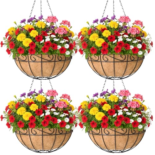 4 Pack 12 Inch Hanging Baskets for Plants Outdoor Metal Hanging Planter Basket with Coco Coir Liner Hanging Flower Baskets Hangings Flower Pots Holder for Garden, Patio(Flower) - size: 12 Inch, style: English
