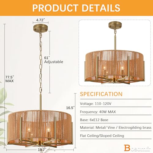 6-Light Hand-Woven Rattan Chandelier, 19.7" Farmhouse Boho Chandelier, Adjustable Rustic Wicker Ceiling Light Fixture for Dining Room Kitchen Island Bedroom Hallway Entryway - size: 19.7"