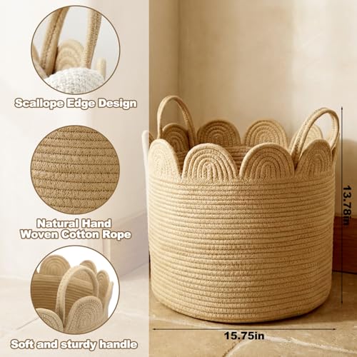 LemonRoad Brown Round Basket Large Blanket Basket 15.8" L X 15.8" W X13.8" H Scalloped Woven Baskets Cotton Storage Baskets for Nursery Classroom Closet Blankets Storage Home Decor - color: Brown, size: 15.8" L X 15.8" W X13.8" H