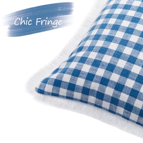 CARRIE HOME Modern Farmhouse Light Blue Gingham Lumbar Pillow Covers 12x20 Set of 2, 12 x 20 Blue Buffalo Plaid Throw Pillows with Ruffle Fringe, Summer Outdoor Checkered Plaid Lumbar Pillows - color: Lumbar Blue & White (With Tassels), size: 20" x 12" (P