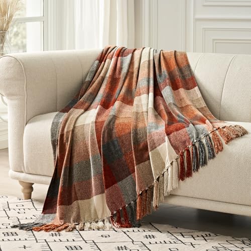 EverGrace Plaid Chenille Throw Blanket for Couch, Super Soft Cozy Decorative Fall Throw Blanket with Tassels for Bed Sofa Gift, Lightweight Harvest Plaid Throw Blanket for Autumn 50”x60” - color: Plaid Harvest Orange, size: 50"x60"