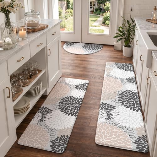KIMODE Kitchen Mats for Floor Cushioned Anti Fatigue,Floral Farmhouse Kitchen Runner Rug Sets of 3 Non Slip,Waterproof Memory Foam Kitchen Carpet Runner Decor for Sink Laundry Bathroom,Pink - color: Pink/Grey, size: 18" x 28"+18" x 47"+18" x 59"-0.47 inch