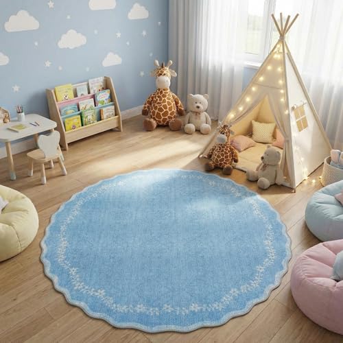 GarveeHome Round Area Rugs 4ft for Kids Room, Solid Blue Scalloped Washable Circle Rug Soft Non Slip Floral Print Floor Mat Carpet Indoor Thin Tent Rug for Bedroom Dining Room Playroom Nursery - color: Baby Blue, size: 4' (Round)