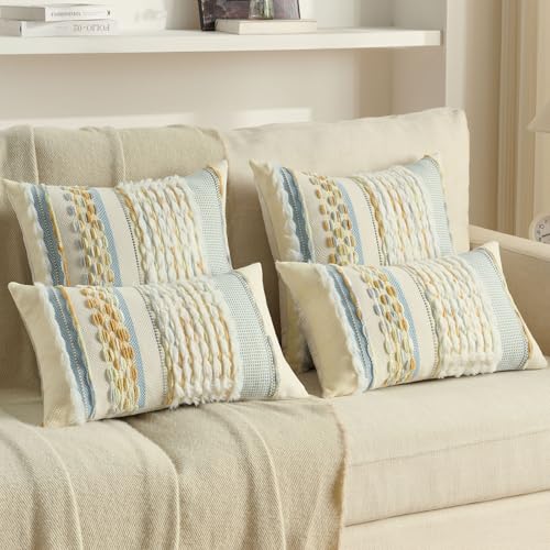 FUTEI Pack of 2 Boho Chenille Decorative Throw Pillow Covers 18x18 Inch Soft Plush Tufted Striped Textured Cushion Case,Farmhouse Accent for Couch Bed Living Room, Grey Blue Mustard - color: Grey Blue+light Green+mustard Yellow, size: 18" x 18" (Pack of 2