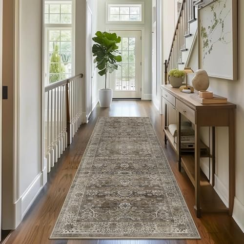 2x6 Runner Rug Grey Brown Vintage Washable Runner Rugs for Hallway Kitchen Low Pile Non-Slip Retro Distressed Accent Throw Carpet for Entryway Bathroom Bedroom Antique/Moss - color: Brown Grey, size: 2'*6'(Runner)