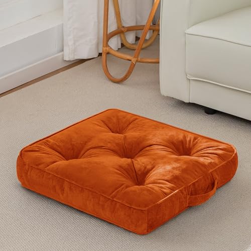 HIGOGOGO Large Floor Pillow Cushion for Adults, Meditation Cushion Pillow with Handle, Lustrous Chenille Tufted, Square Floor Sitting for Tatami Living Room or Yoga, 22x22 Inch, Orange - color: Square Orange, size: 4" Thick(Pack of 1)