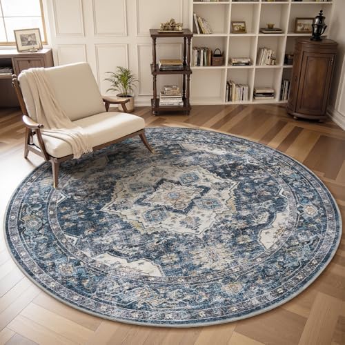 AMOAMI-6FT Round Rug-Rugs for Living Room-Vintage Soft Blue Rugs for Bedroom-Non Slip Circle Rug-Machine Washable Rug for Dining Room Living Room Bedroom Office Under Table - color: Blue, size: 6' (Round)